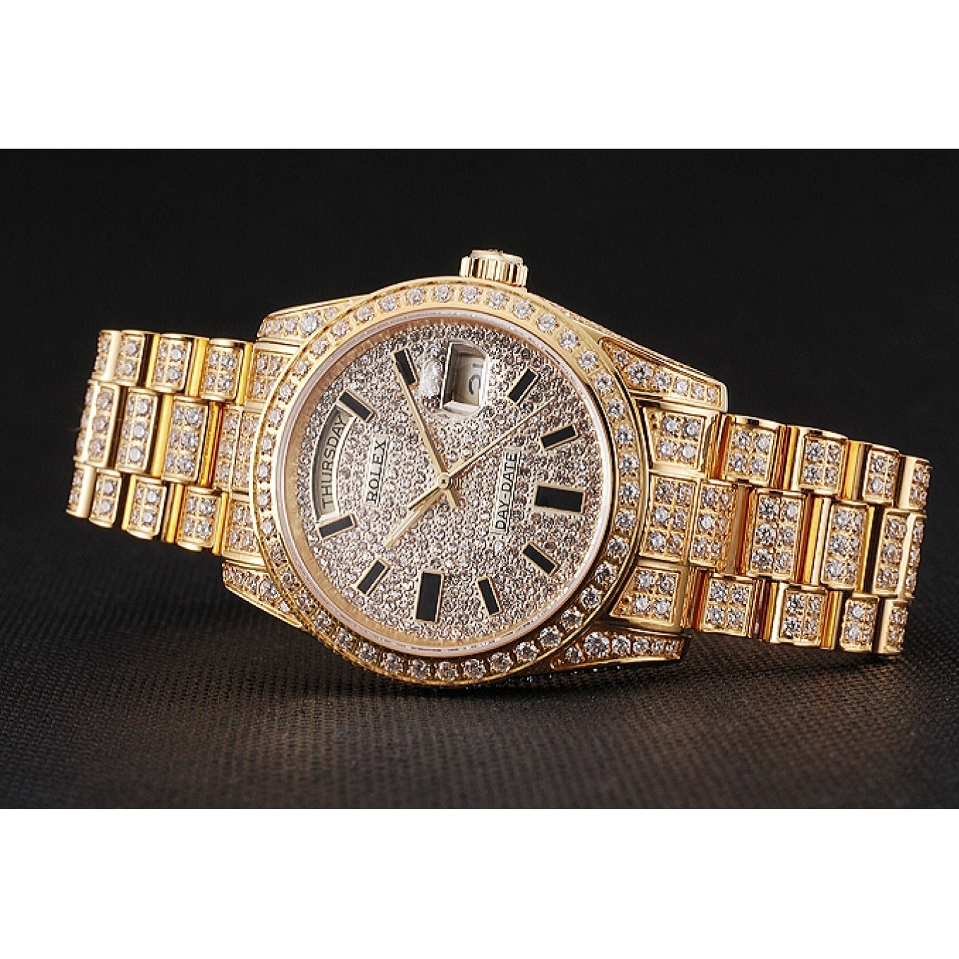 Rolex copies cheap Diamond Swiss Pave Full Yellow Rolex Date Gold Day 0525